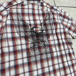 Men’s Large Harley Davidson Motorcycles Button Down Red Plaid Short Sleeve Shirt